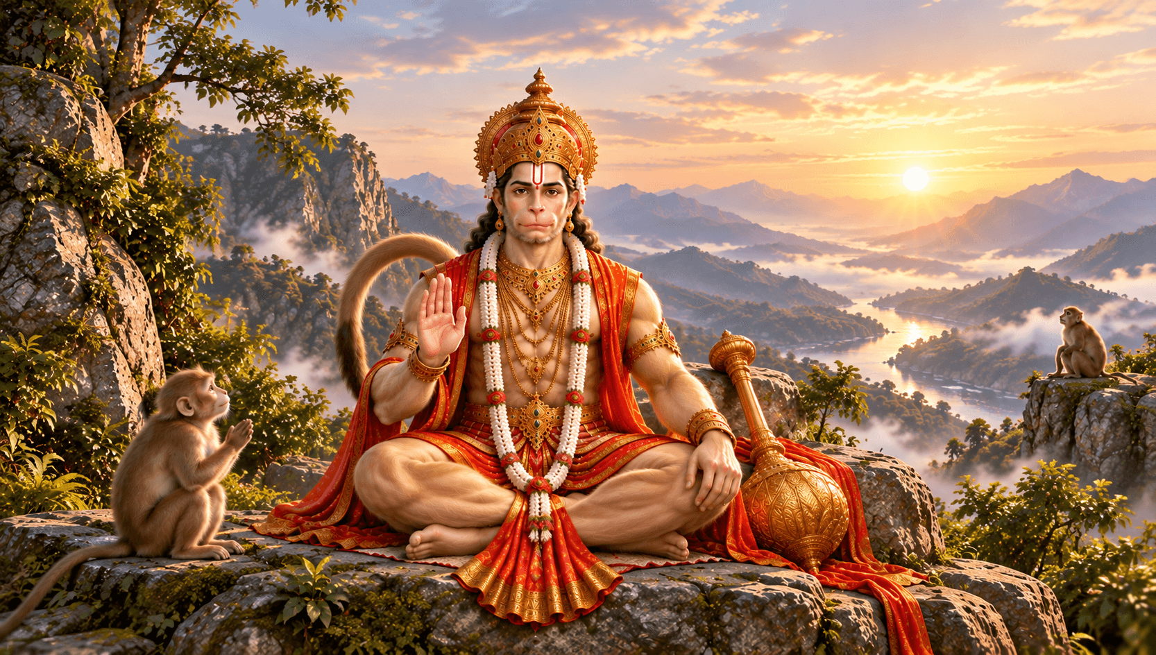 पर्वतीय दृश्यात गदेसह विराजमान हनुमानजी